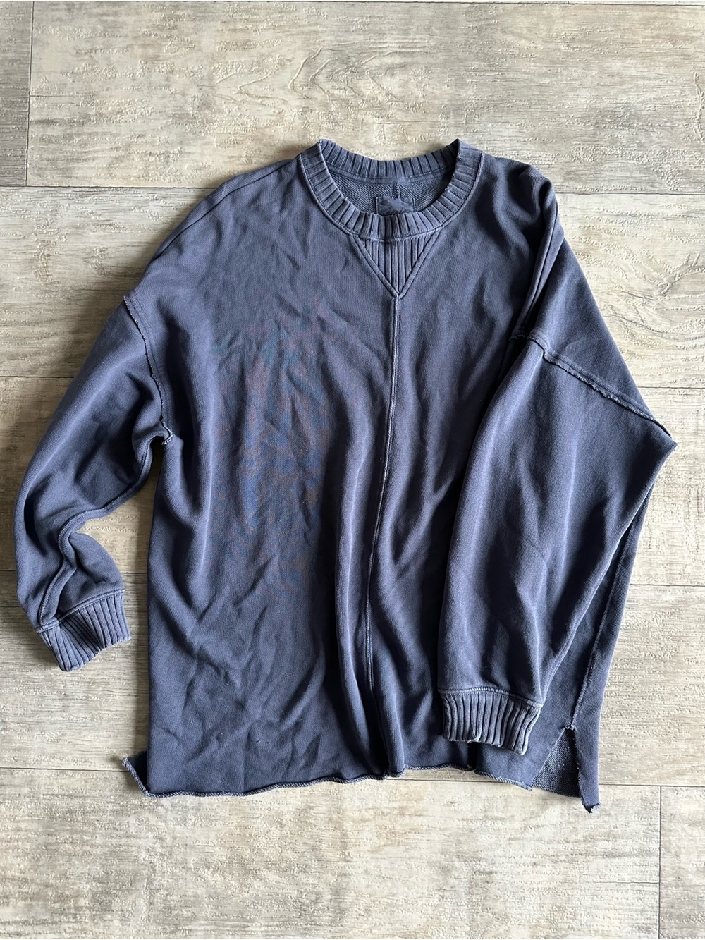 Aerie Oversized Crewneck Sweatshirt Faded Navy Raw Hem S/P